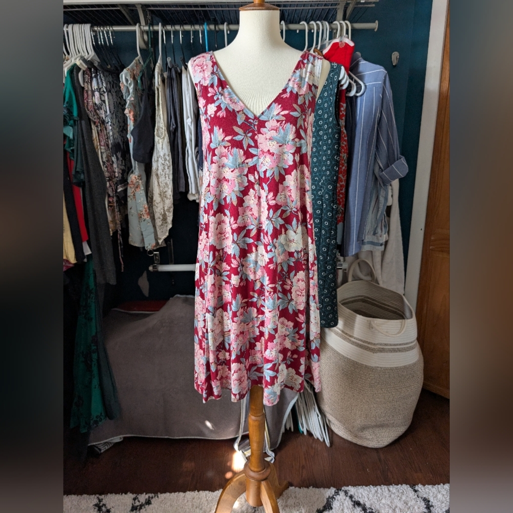 LOFT Pink and Red Pleated Midi Sundress V-Neck